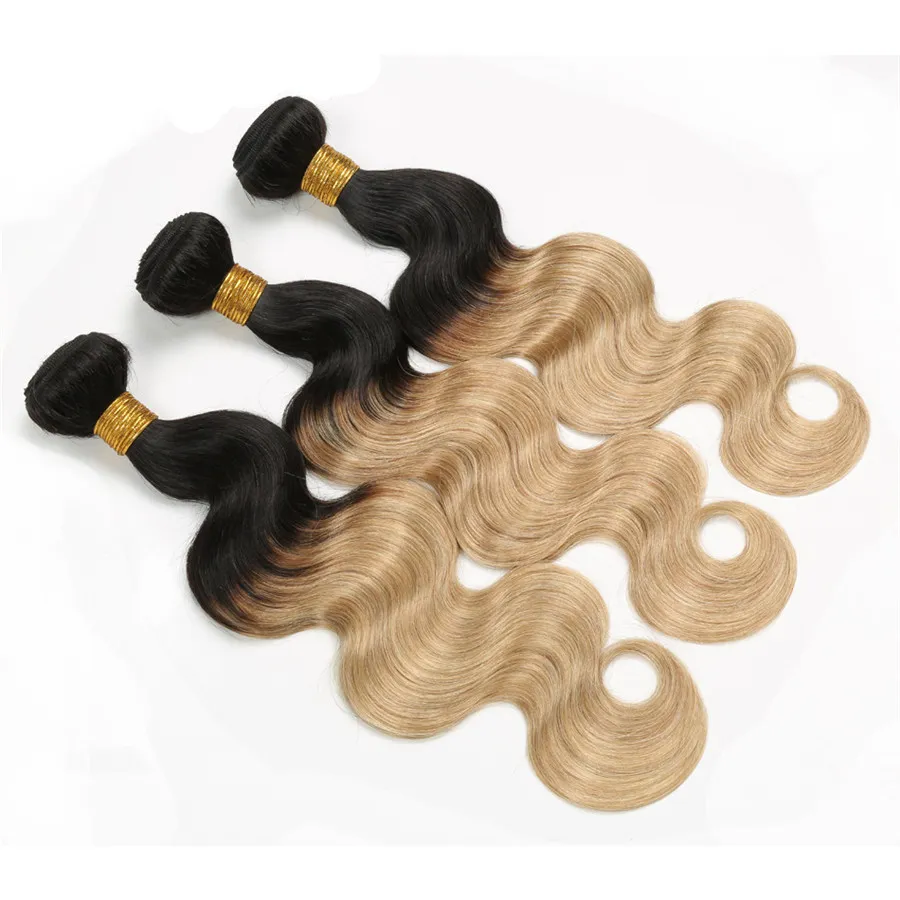 Cheveux indiens crus colorés 3 paquets avec fermeture à lacets partie centrale vague de corps T1B 27 blond miel Ombre cheveux humains Weaves1576831