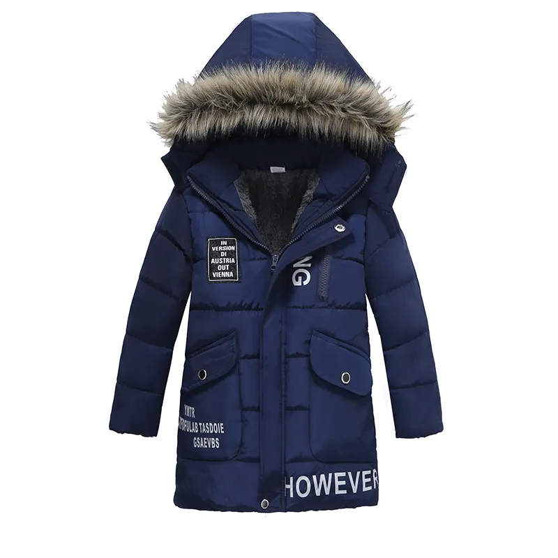 Quente espessamento inverno coleira de pele criança longo casaco crianças outerwear à prova de vento Big Boys meninas jaquetas por 3-8 anos de idade