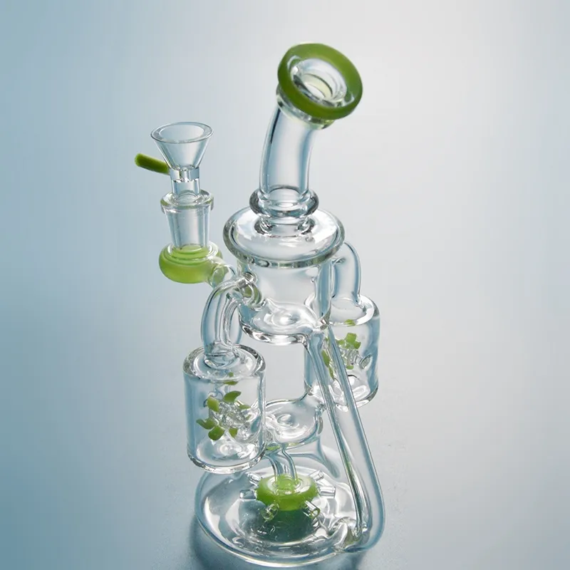 2019 Double Recycler Glass Bongs Propeller Percolater Vattenrör Färgrik Mini DAB Rig Unik Design Oljelyfta med 14mm skål XL167