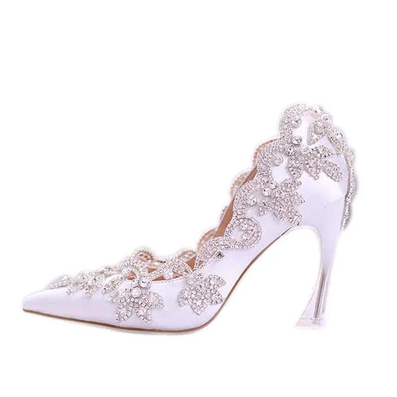 2018 Stylish Pearls Flat Wedding Shoes for Bride Prom 9cm High Heels Plus Size Pointed Toe Lace Bridal Shoes7409226