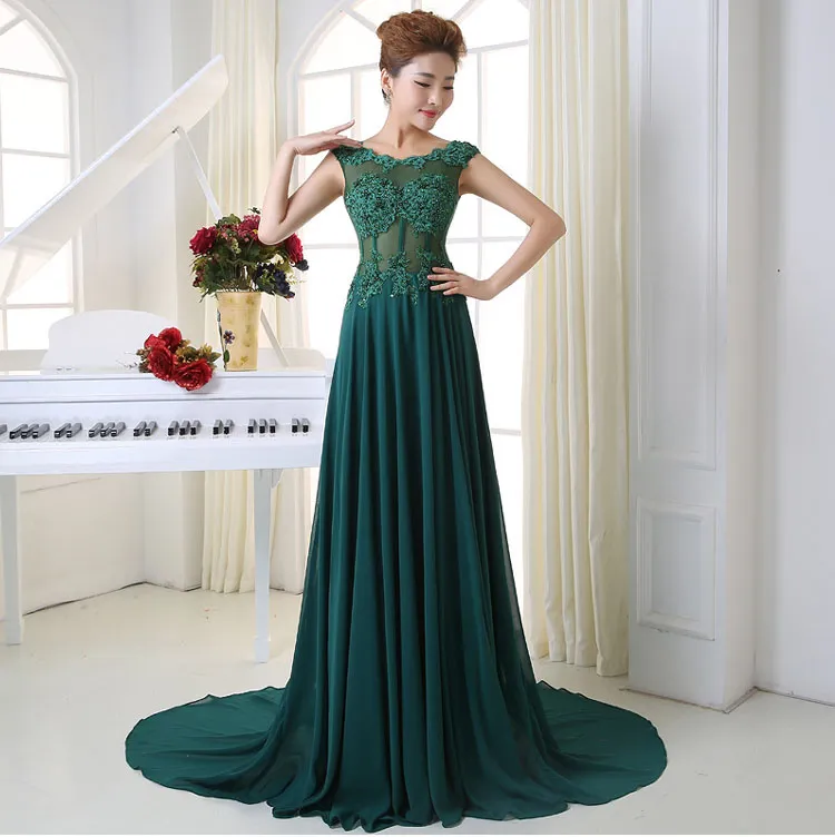 New High Quality Free Shipping Green Lace Applique Word Shoulder Bridesmaid Dresses Long Tail Back Small Hollow Bandage Evening Dresses