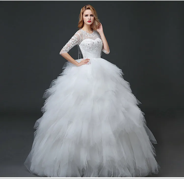 Vraie Photo Robe De Mariée 2018 Printemps Coréen Style Dentelle Demi Manches Robe De Mariée Blanc Princesse Dos Nu De Luxe vestidos de noiva