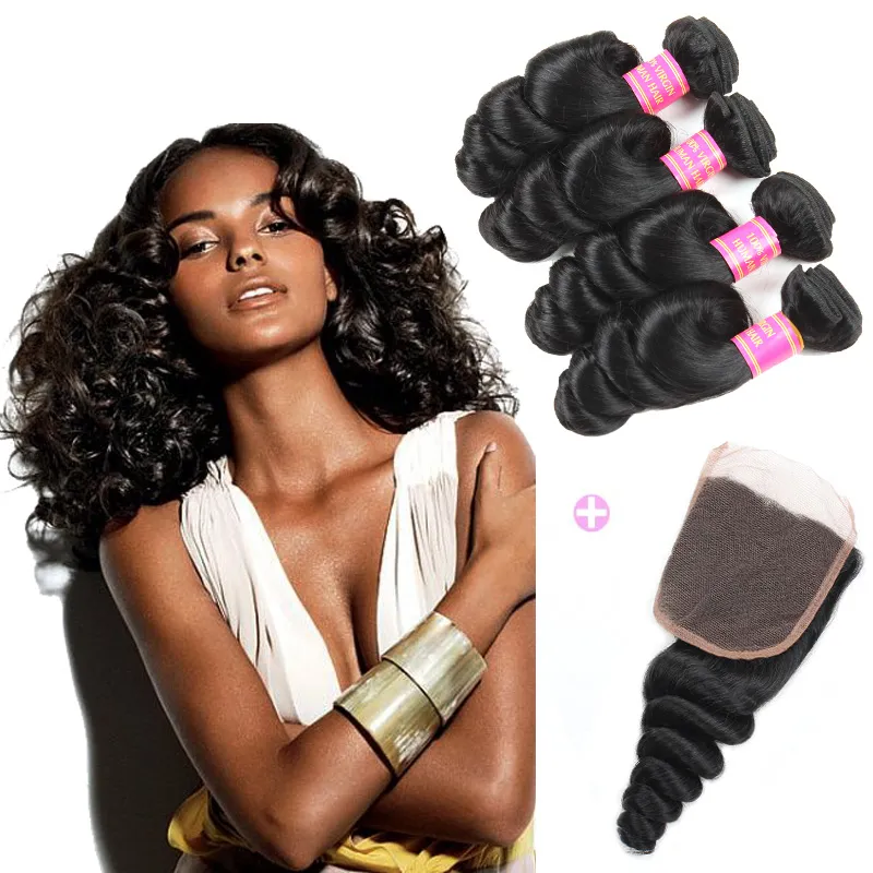 Malaysian Cheap 8A Loose Wave 4 Bundles with Swiss Lace Closure Free Middle 3 Part Double Weft 100% Unprocessed Virgin Human Hair Extensions
