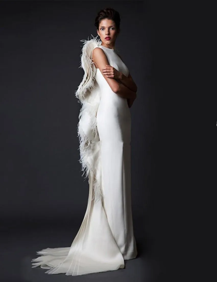 Ivory Feather Formal Evening Dress for Women, Elastic Satin Trumpet Gown  with Jewel Neckline and Sweep Train from Dhgate Evening Dresses - price  293.97
