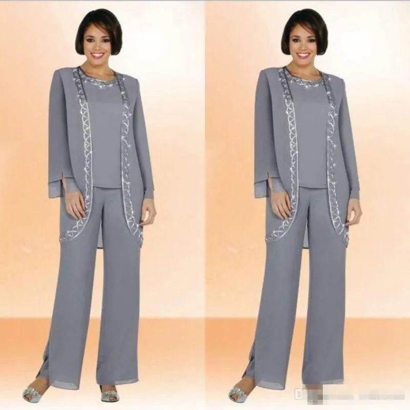 Sier Grey Chiffon Mother of the Bride Suit Abbassini da donna da donna Abbigliamento da sera su misura per le dimensioni del matrimonio vestito ospite da sposa