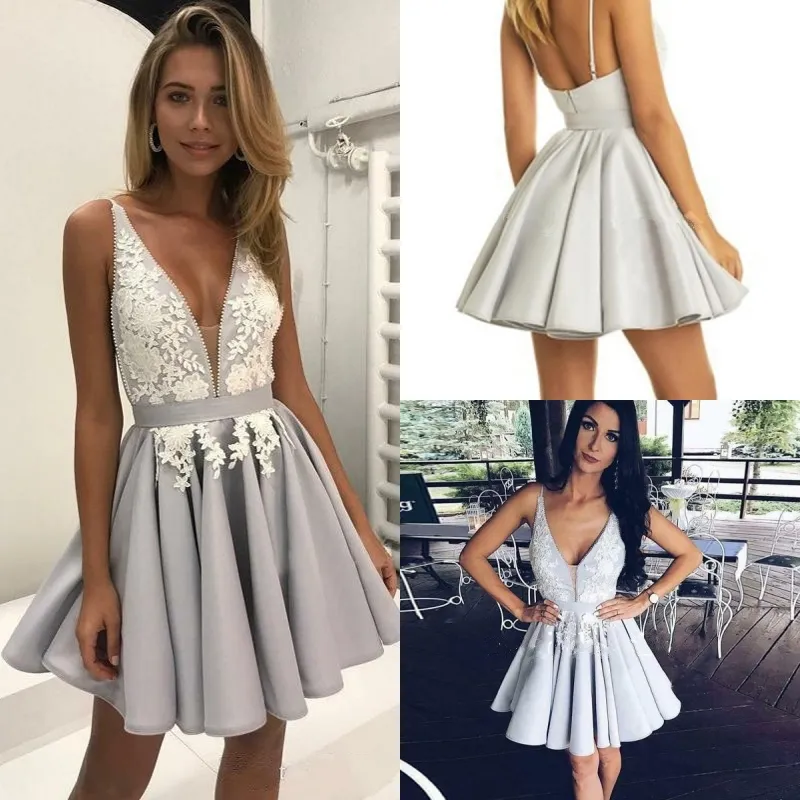 2019 짧은 홈 커밍 드레스 라인 V 넥 스파게티 미니 칵테일 파티 드레스 Applique Elastic Satin Backless Short Prom Dresses