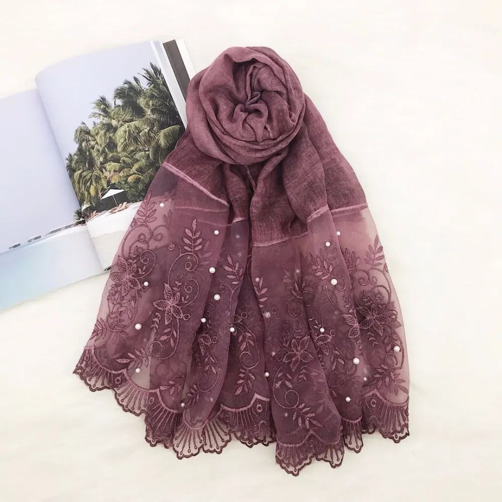 20 pz/lotto foulard da donna in pizzo con scialle di perle pianura stampa floreale cotone hijab moda musulmana avvolgente fascia mantello sciarpa di perline
