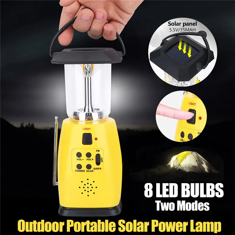 Newest Solar Powered Hand Crank Dynamo Emergency 8 LED Bulbs 2 Modes Outdoor Camping Lantern FM Radio Flashlight AAA Torch