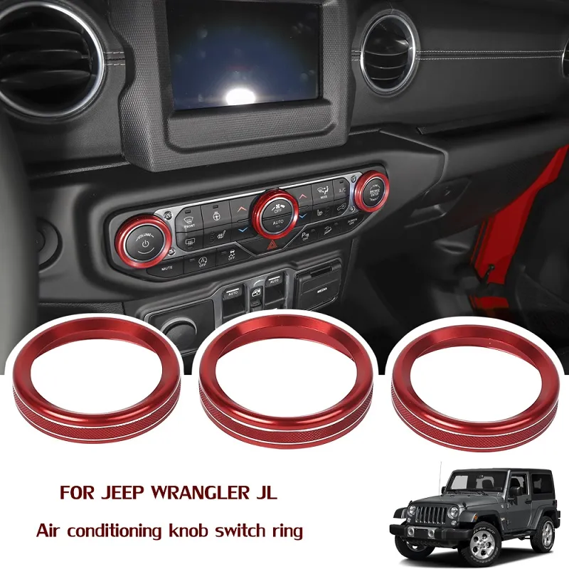 Cubierta de anillo embellecedor de interruptor de aire acondicionado de aleación de aluminio rojo para Jeep Wrangler JL 2018 + accesorios de Interior de coche