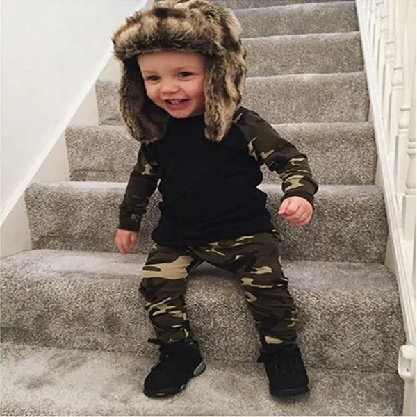 Baby Boys Army Supple Set Fashoin Младенческая одежда набор малышей с длинным рукавом футболка и камуфляж