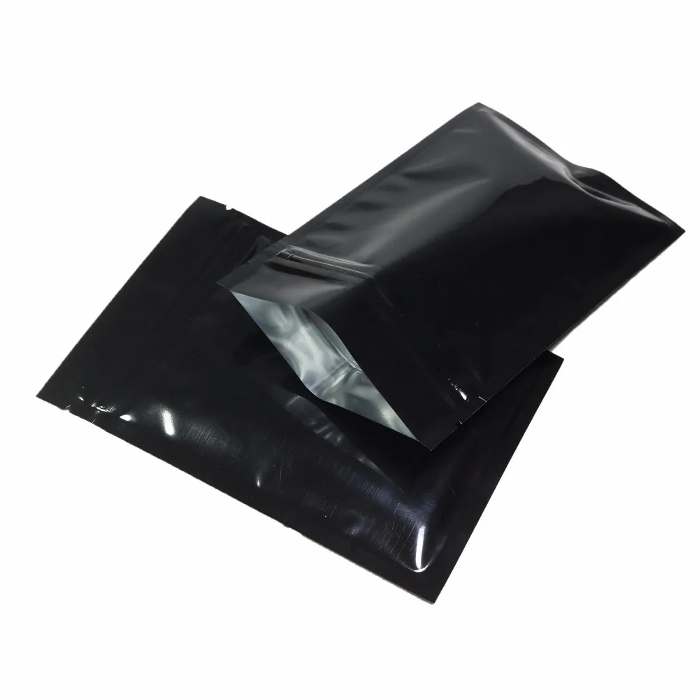 7,5 * 10cm, 100st glansig svart återförslutbar plastpåse dubbel sida metallisk mylar aluminiumfolie Zip Lock Bag Flat Bottom Zip Ag