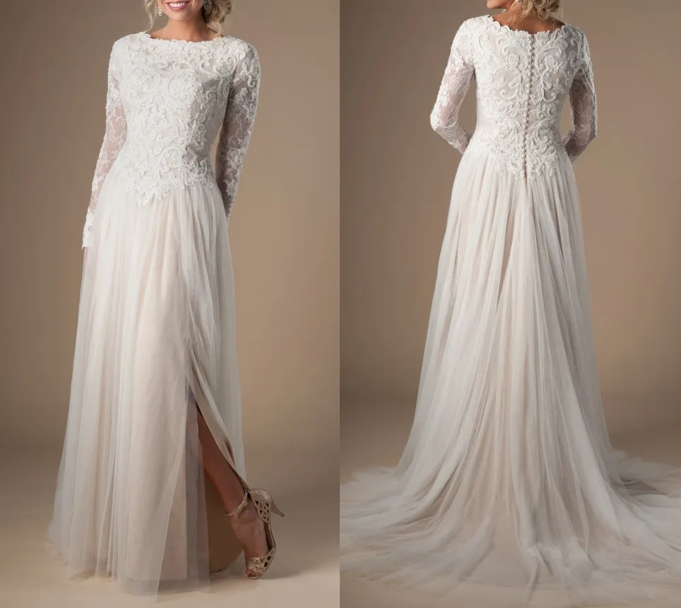 Kości Słoniowej Champagne Modest Suknie Ślubne Z Długim Rękawami Boho Lace Tulle LDS Suknie Bridal Sleeved Split A-Line Custom Suknia Ślubna