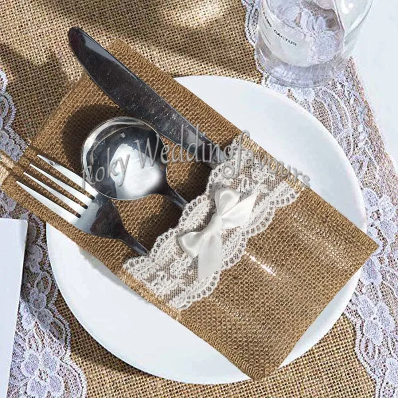 Jute Lace posate tasca tela coltello e forchetta borsa da sposa vintage da tavola borsa 4 