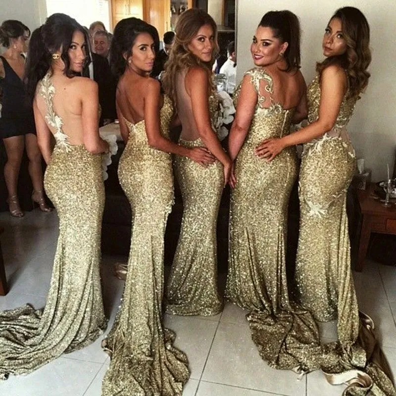 Sparkly Bling Altın Payetli Deniz Kızı Gelinlik Modelleri Backless Yarık Artı Boyutu Onur Hizmetçi Abiye Gelinlik