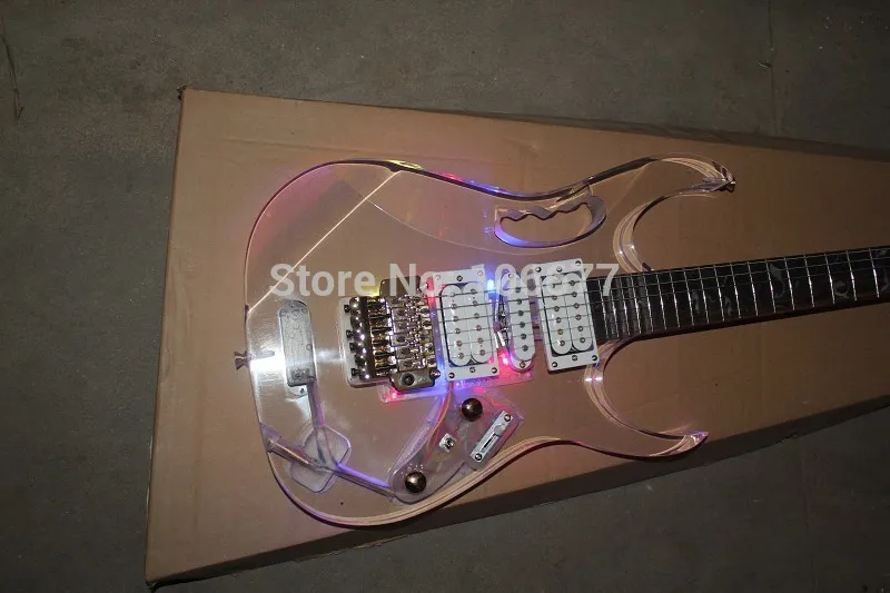 Toppkvalitet IBZ JEM 7V 4 slags lysdioder Transparent akryl Clear Floyd Rose DiMarzio Pickup Electric Guitar 3028432