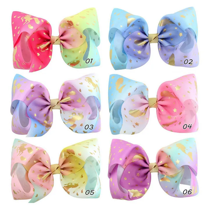 76 디자인 8 인치 유니콘 패션 아기 리본 활 헤어핀 소녀 큰 Bowknot Barrette Kids Hiar Bows 어린이 헤어 액세서리 DHL