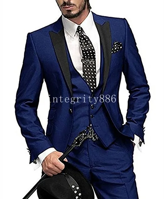 New Arrival Slim Fit Navy Blue Groom Tuxedos Peak Lapel One Button Man Wedding Garnitur Mężczyźni Business Dinner Prom Blazer (kurtka + spodnie + krawat + kamizelka) 6