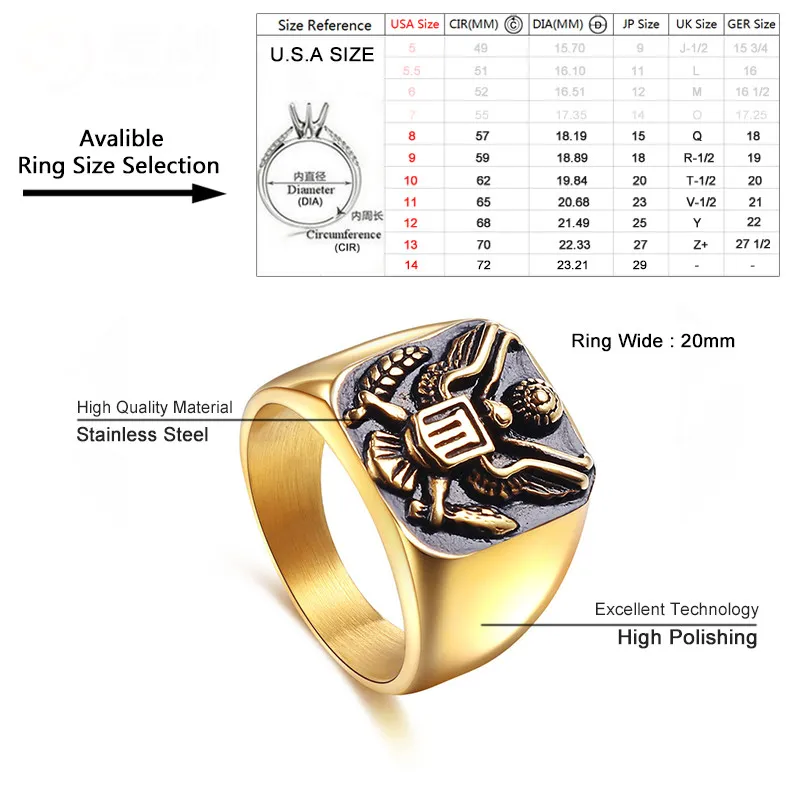 Gold Color stainless steel Men's Ring Punk the America Military badge Rings for men Vintage Hip Hop Fashion Jewelry Ring Wholesale