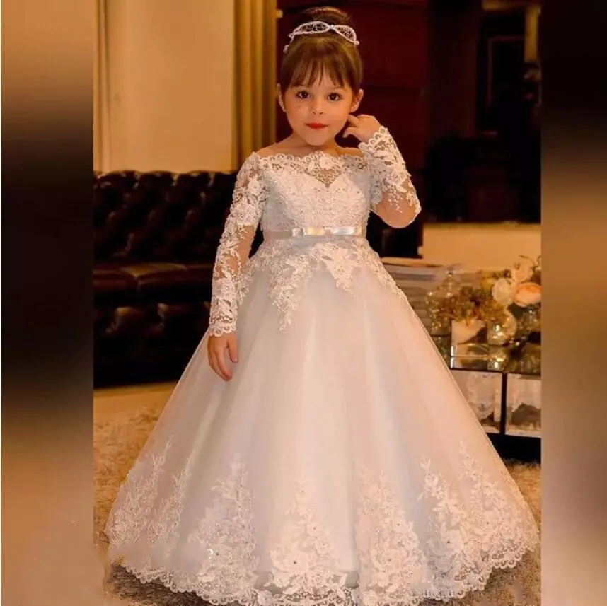 Vestidos de princesa vintage para niñas de flores 2020, cuello barco de alta calidad, encaje, mangas largas, ropa formal para niños bonitos, vestido de primera comunión