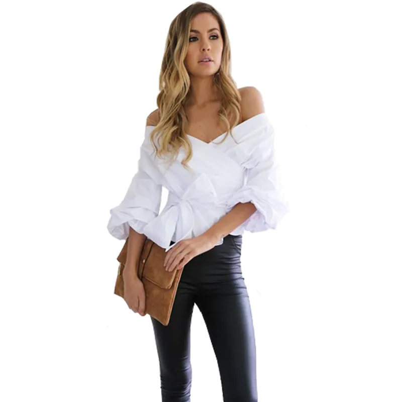 Sexy V-ausschnitt Weiße Bluse Shirt Frauen Puff Hülse Sommer Herbst Blusen Tops Schärpen Tunika frauen Blusas Streetwear Dame hemd