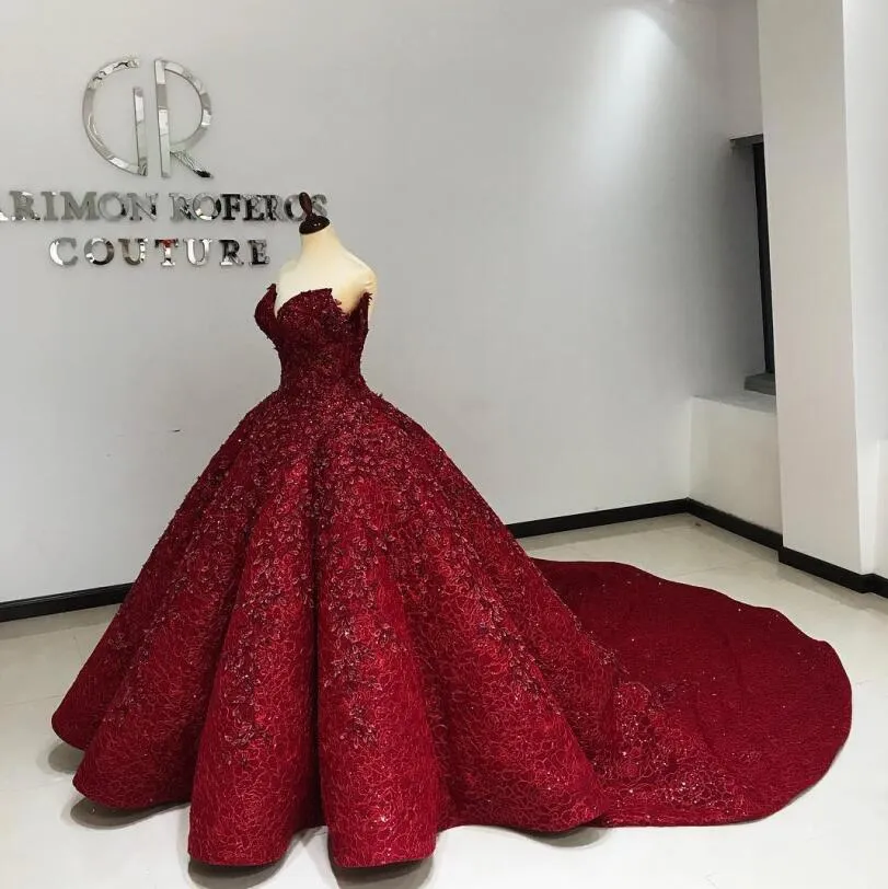 Amazing Lace Ball Gown Evening Dress Red Off Shoulder Beaded Sequins Sparkling Red Carpet Dress Luxury Dubai Evening Gown Celebrity Dress