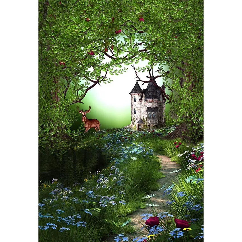 Enchanted Forest Background Old Trees Deer Blue Flowers Red Roses Green Grass Nature Scenery Castle Kids Fairy Tale Backdrops