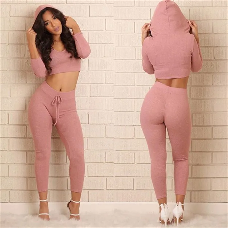 Eur Fashion Sexy Crop Top With Leggings Pants Set Solid Knitted High Hip Clothing Tracksuits