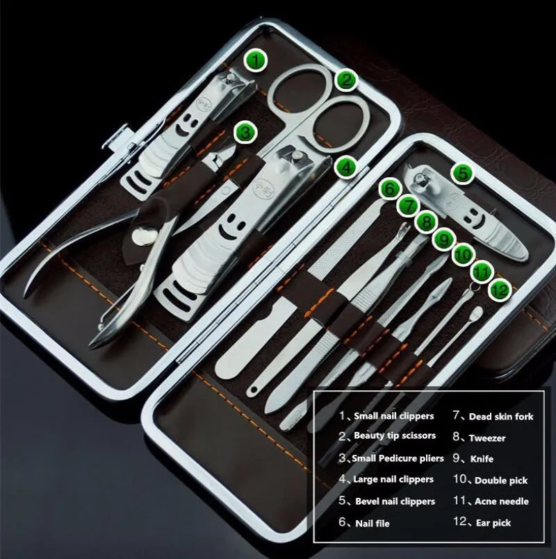 12 Stks Manicure Set Pedicure Scissor Tweezer Knife Oor Pick Utility Nail Clipper Kit, Roestvrijstalen Nail Care Tool Set NIEUWE