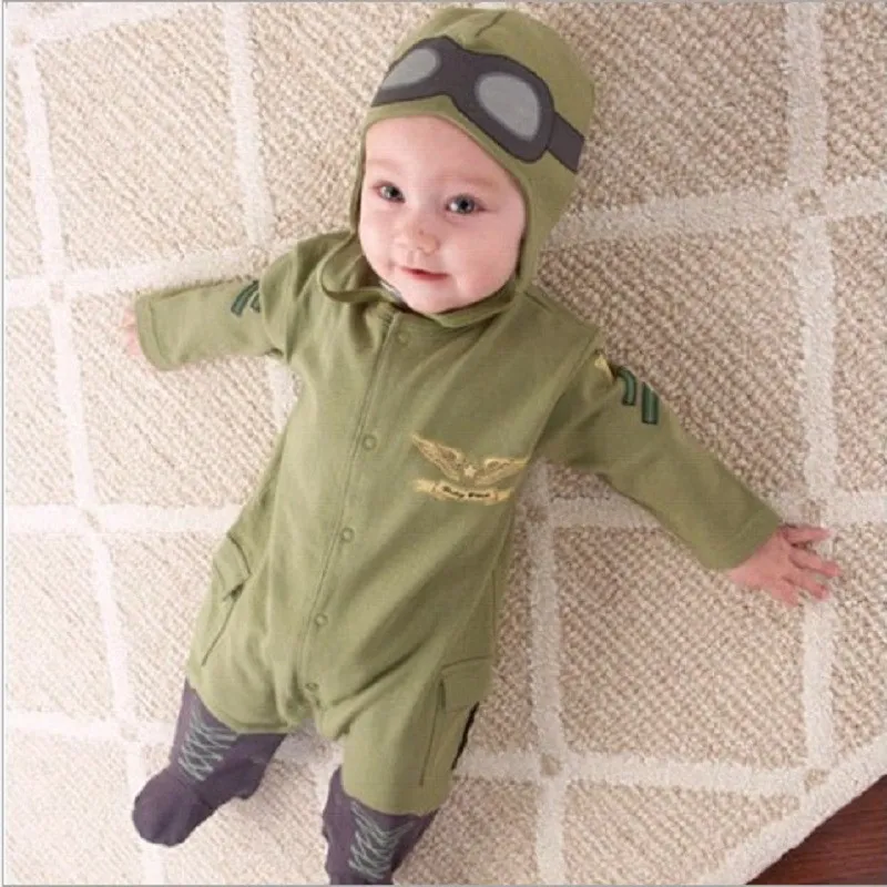 Armeegrüner Baby-Strampler, Piloten-Flieger-Kostüme, Babykleidung für Jungen, Weltraum-Overall, Fliege, Fliegerhelm + Mütze ohne Fußabdeckung, Babykleidung