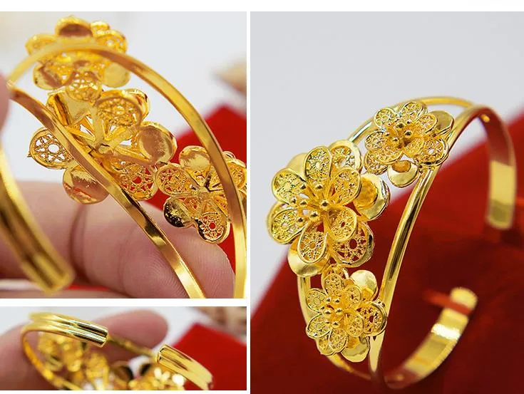 New BRASS PLATE 24k Real GOLD Flower Bracelet Petals Female Gold Plated