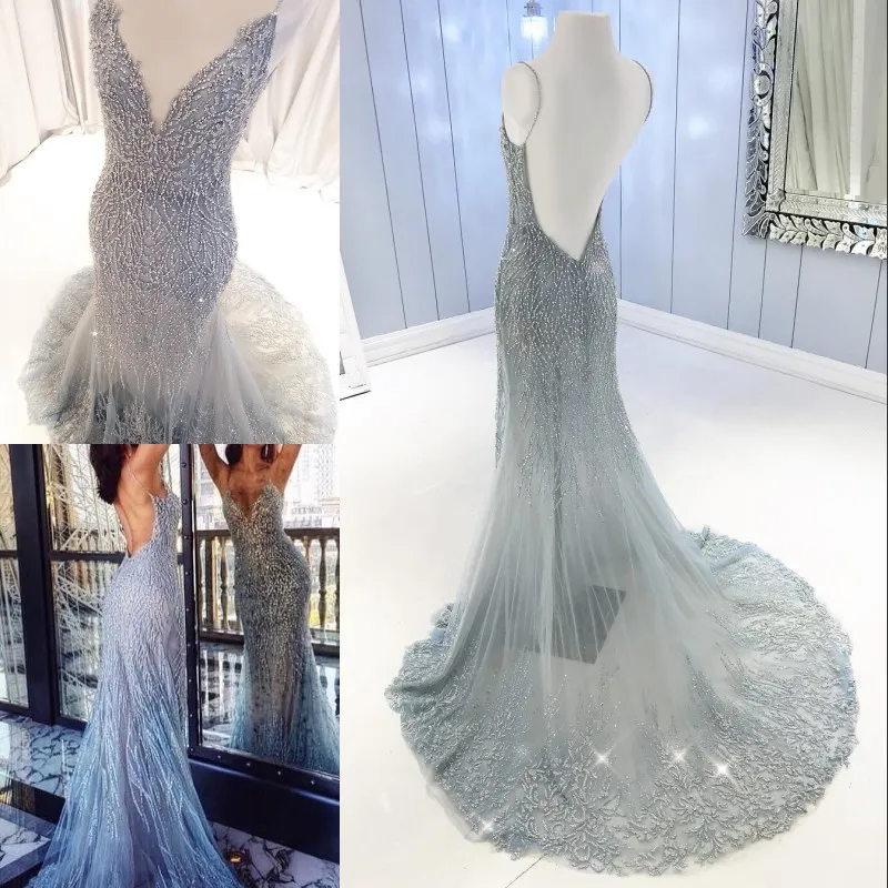 Luxe Rinestone Beading Prom Jurken Diepe V-hals Sexy Backless Tule Mermaid Avondjurk Saoedi-Arabië Zien door Celebrity Feestjurk