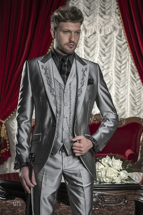 Heißer Verkauf Eine Taste Besticken Groomsmen Peak Revers Bräutigam Smoking Männer Anzüge Hochzeit / Prom / Abendessen Best Man Blazer (jacke + Pants + Tie + Vest)