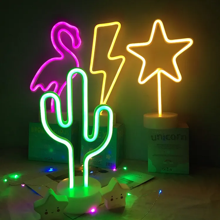 Grossist neon skylt bord ledd natt ljus kaktus kokosnöt träd julgran ananas neon skrivbord bord lampa ljus för festival party deco