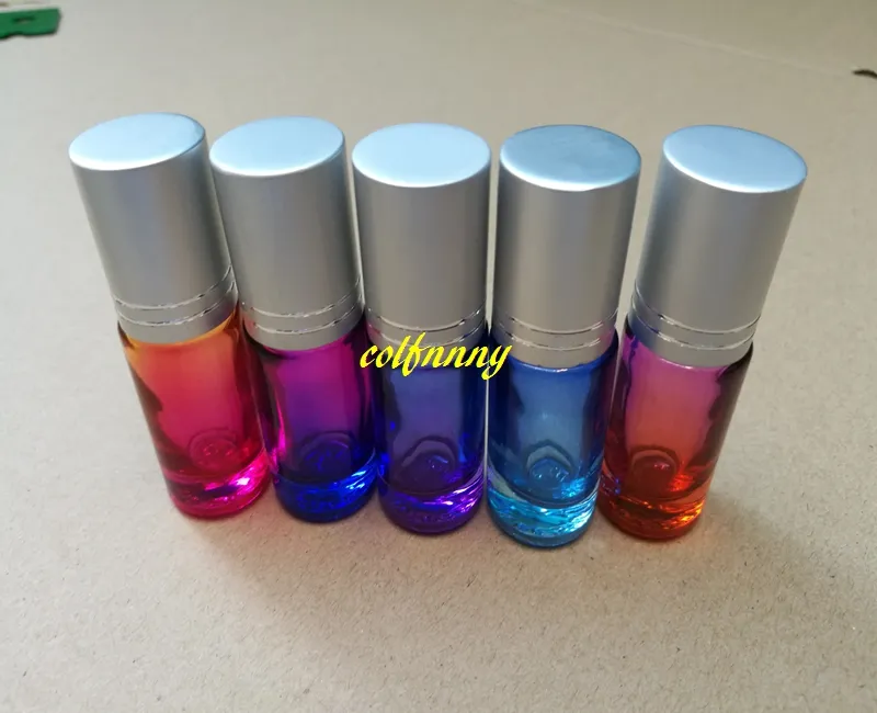 10 sztuk / partia 20 * 63mm Grube 5 ml Gradient Kolor Szklany Rolka na butelce Olej Essential Oil Puste stalowe butelek kulkowe C2202