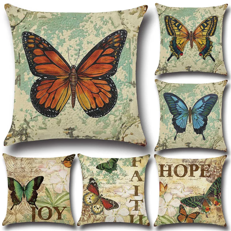 Housse de coussin en coton et lin imprimé papillon mignon, taie d'oreiller carrée pour canapé, décoration de maison, 18x18