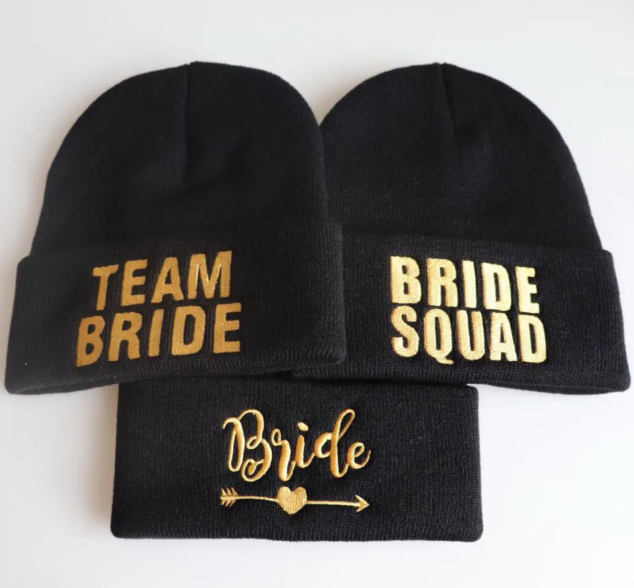 Winter Warm Borduurwerk Bruids Bruid Team Squad Stretchy Gebreide Mutsen Hoeden Unisex Wool Hip Hop Skullies Caps