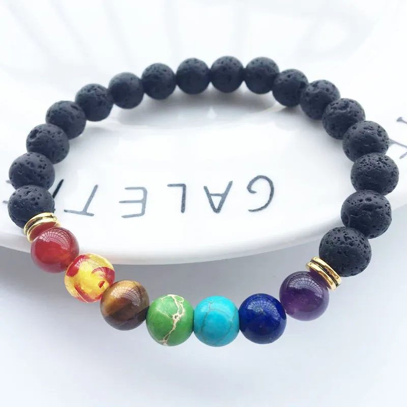 Hamoery Uomo Donna 8mm Lava Rock 7 Chakra Diffusore Bracciale Elastico Pietra Naturale Yoga Perline Braccialetto Bangle