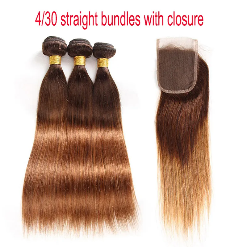 4/30# Dark Root Brown Blonde Straight Ombre Human Hair Weave 3/4 Bundles with Lace Closure Malaysian Virgin Hair Extensions Weft