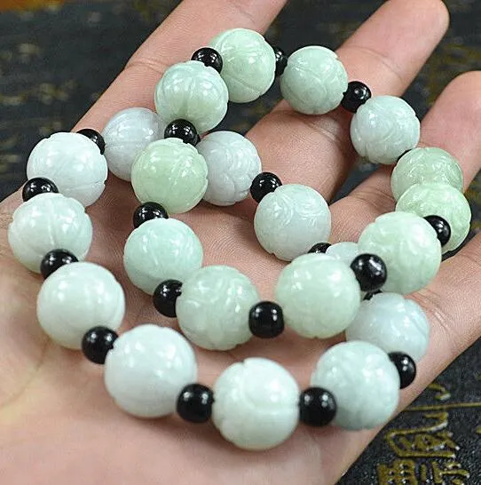 Grau Natural Um Jade Jade Jadeite Lotus Jade Beads 13mm Pulseira Stretchable Pedra Natural Jade Beads Pulseira Amuleto De Sorte Mão Gravura