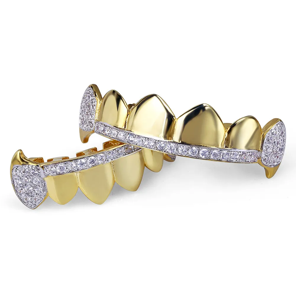 18K Real Gold Teeth Grillz Caps Iced Out Top & Bottom Vampire Fangs Dental Grill Set Wholesale