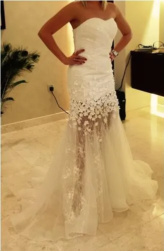 Красивая возлюбленная длина длиной на пола кружева свадебное платье с кружевом цветок свадебное платье кружева русалка прозрачный платье