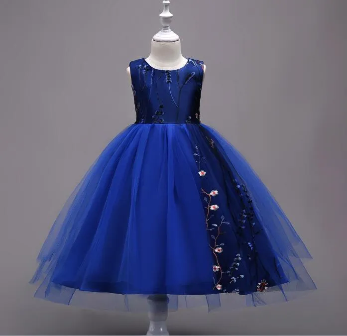 Ricamo Bambini Abiti da sposa 4-15 anni Flower Girls Formal Ball Gown Prom Dress Nero Blu Rosa Cinque colori