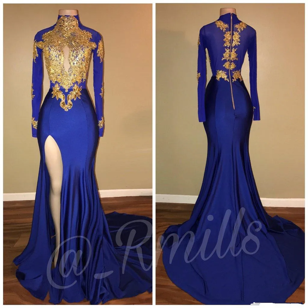 Gold Lace Prom Dresses Mermaid Long Sleeves Royal Blue High Thigh Split Black Girls Evening Gowns High Collar 2K17 Girls Pageant Dresse