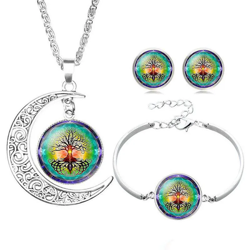 Hueco tallado luna elfo Peter Pan árbol de la vida tiempo gema collar de piedras preciosas pendiente pulsera colgante para mujer niña conjunto de joyas de ensueño