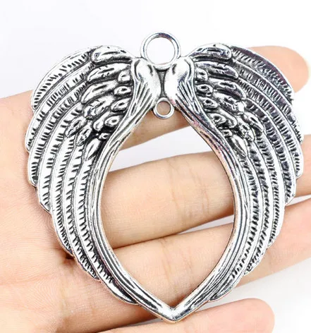10 sztuk stop Angel Wings Heart Charms antyczne srebro Charms wisiorek na naszyjnik komponenty do wyrobu biżuterii 66x69mm