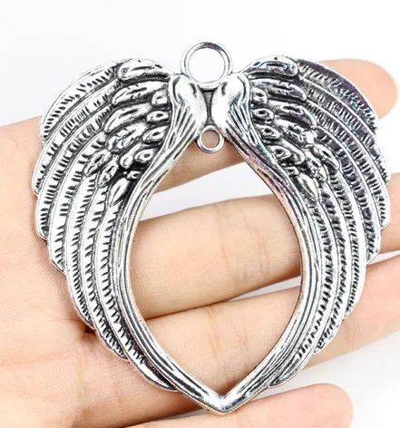 10 stks legering Angel Wings Heart Charms Antiek zilver Bedels Hanger Voor ketting Sieraden Maken bevindingen 66x69mm