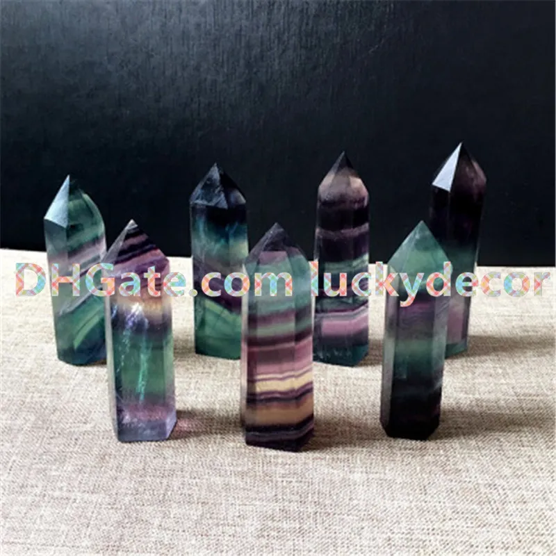 5 sztuk Rainbow Fluoryt Healing Crystal Siatka Stały Punkt Faseted Prism Wand Rzeźbione Fluoryt Kwarcowy Tower Point Obelisk Reiki Kamienna figurka