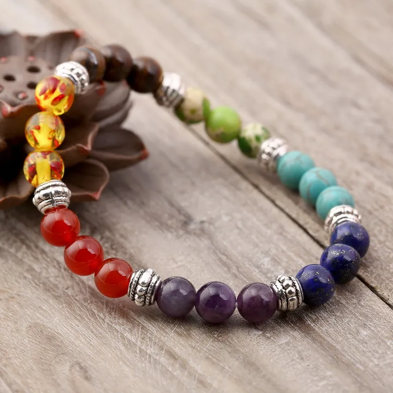 Hot 7 Chakra Armband Män Healing Balance Beads Chain Reiki Buddha Bön Agate Tiger Natural Stone Bangle för Kvinnor Mode Smycken
