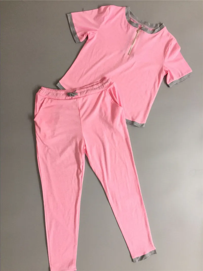 Moda Rosa Verão Mulheres 2 peça set Fatos de Treino Mulheres Terno camiseta Com Calças de Jogging Fatos