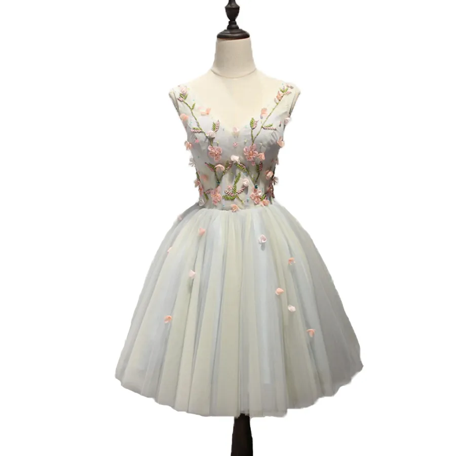 Robe de bal courte élégante à fleurs, perles réelles, col en V, sans manches, en Tulle argenté, robes de bal, 2020